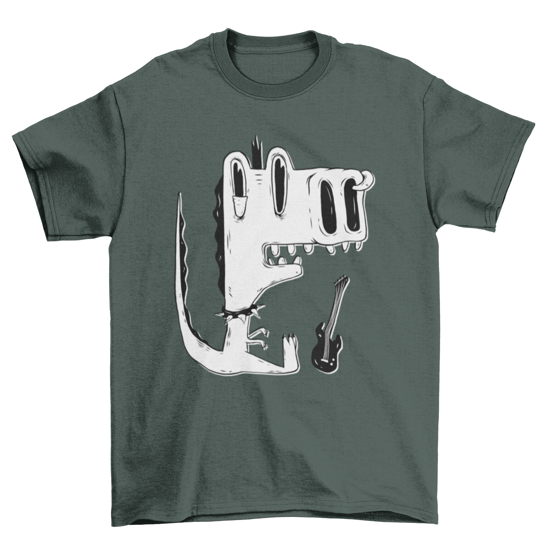 Punk rock dinosaur t-shirt featuring a cartoon T-Rex with a spiked choker, nose piercing, and a guitar.