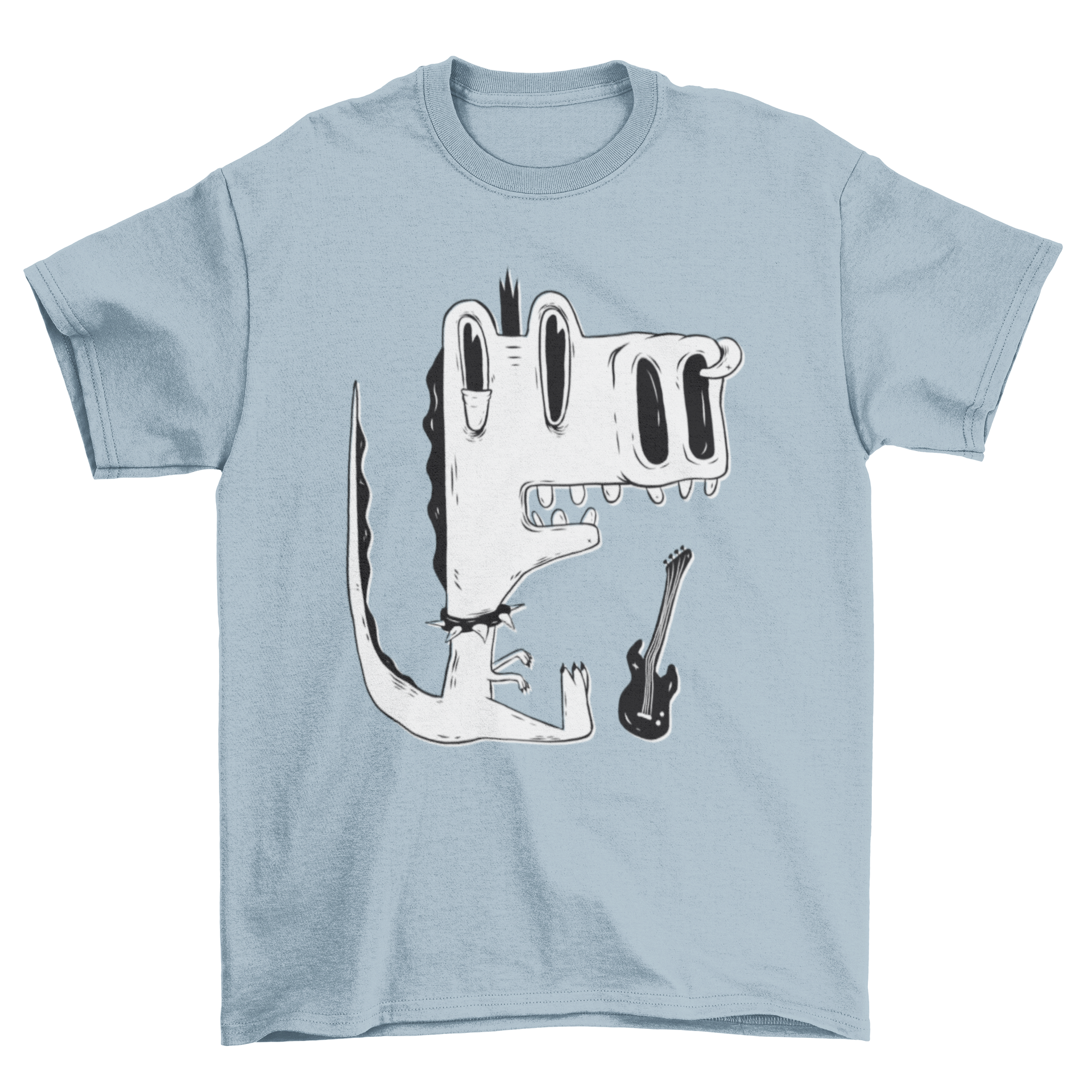 Punk rock dinosaur t-shirt featuring a cartoon T-Rex with a spiked choker, nose piercing, and a guitar.