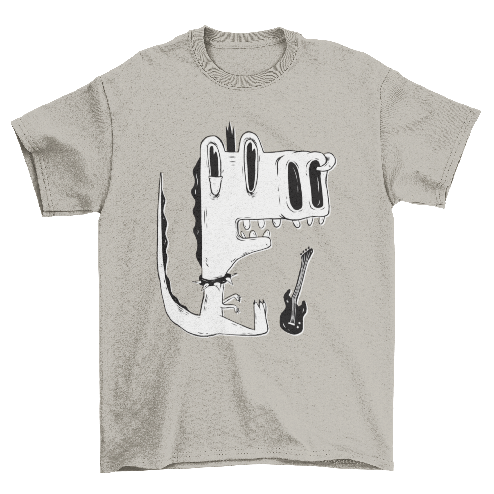 Punk rock dinosaur t-shirt featuring a cartoon T-Rex with a spiked choker, nose piercing, and a guitar.