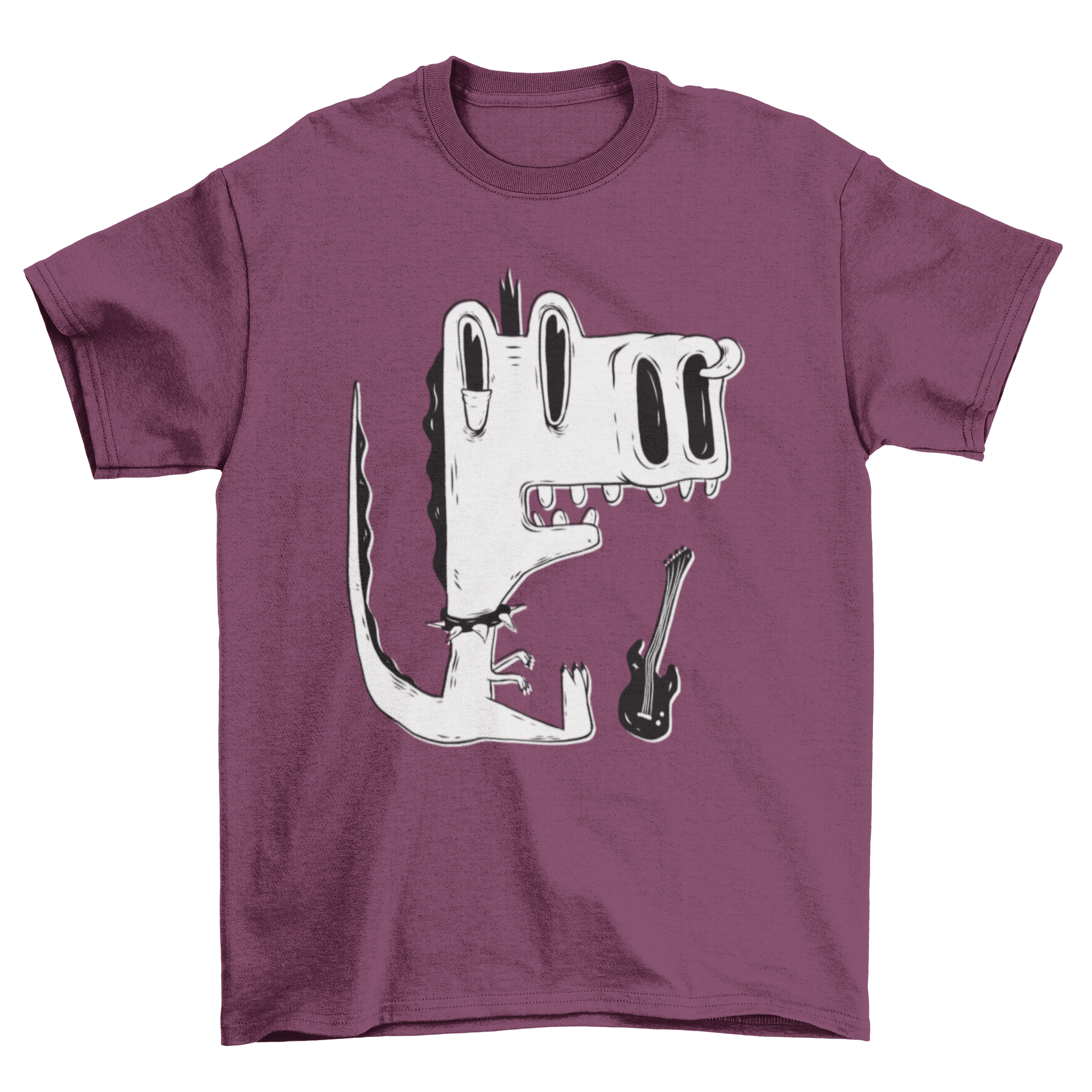 Punk rock dinosaur t-shirt featuring a cartoon T-Rex with a spiked choker, nose piercing, and a guitar.