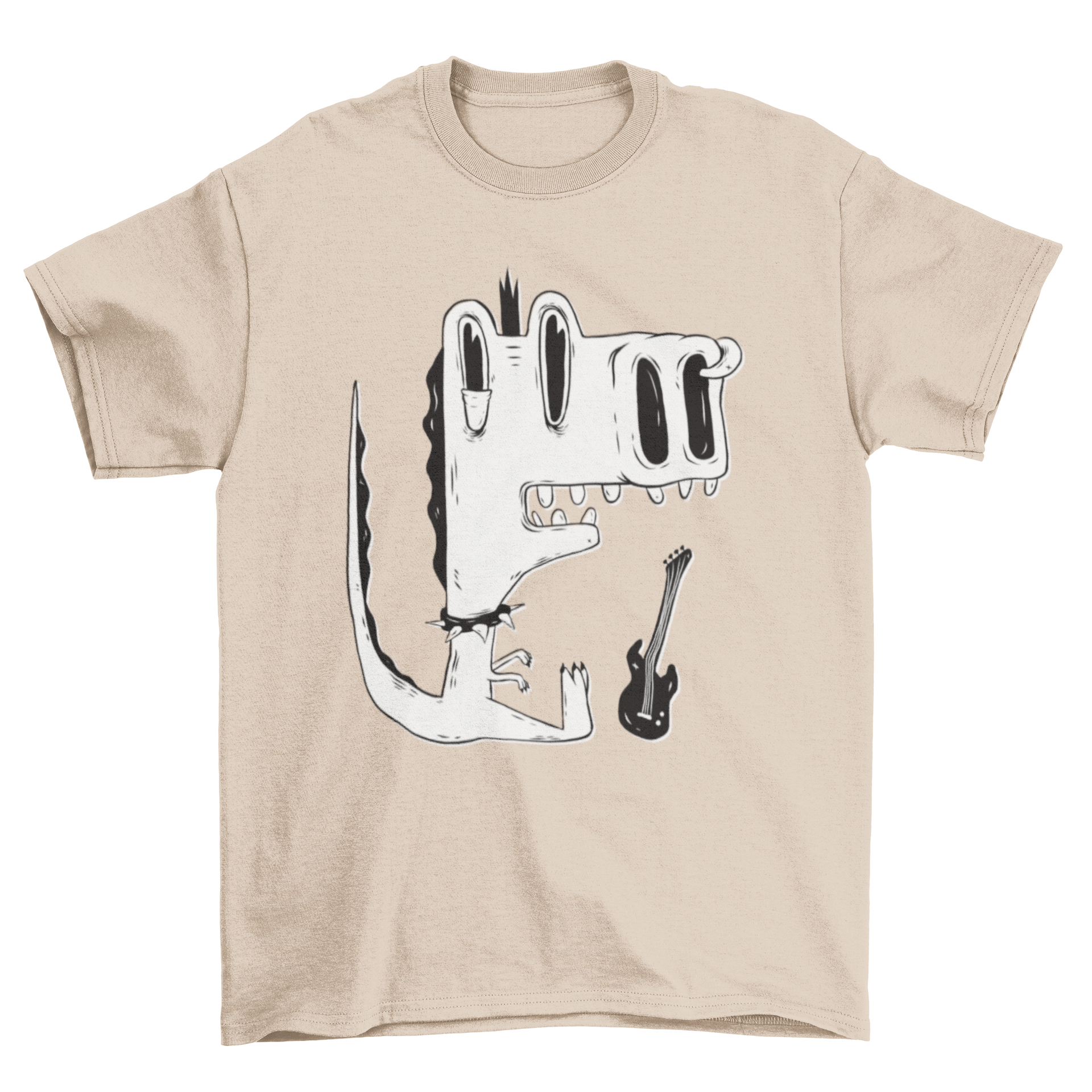 Punk rock dinosaur t-shirt featuring a cartoon T-Rex with a spiked choker, nose piercing, and a guitar.