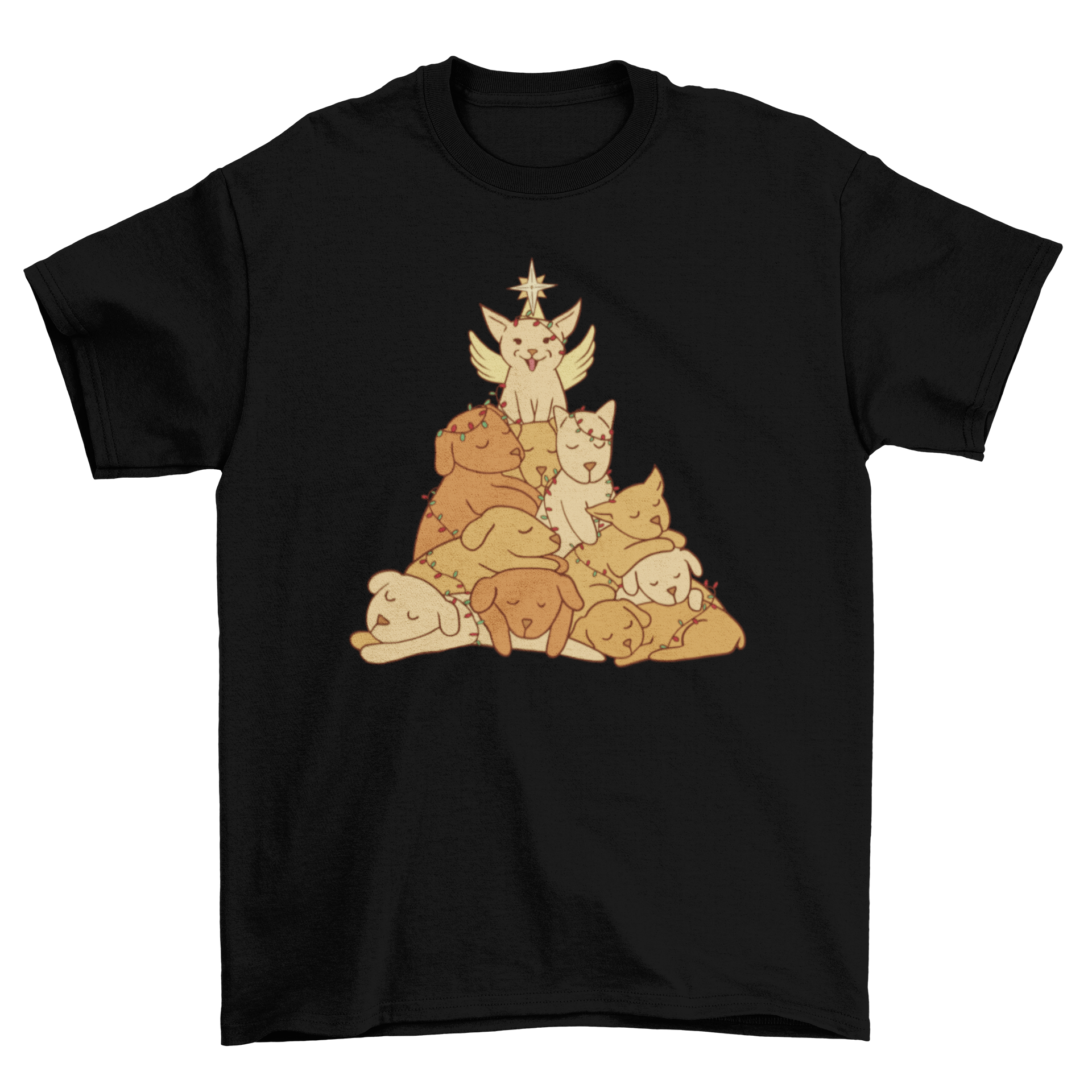 A festive t-shirt featuring a Christmas tree design made of cute puppies, perfect for holiday celebrations.
