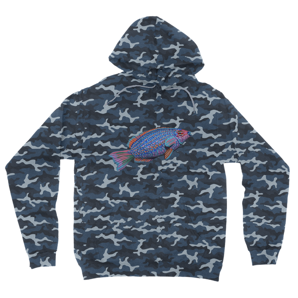 Purple and blue fish camouflage adult hoodie featuring a kangaroo pouch pocket and double fabric hood.