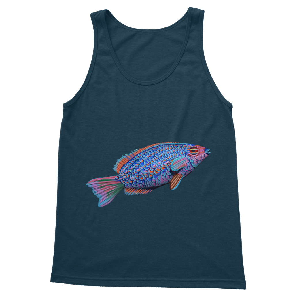 Purple and blue fish design on a classic unisex tank top, showcasing its vibrant colors and comfortable fit.