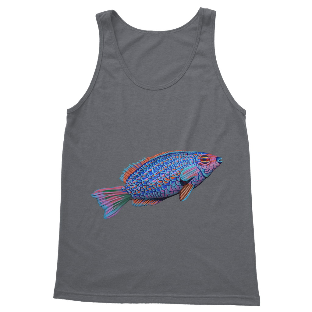 Purple and blue fish design on a classic unisex tank top, showcasing its vibrant colors and comfortable fit.