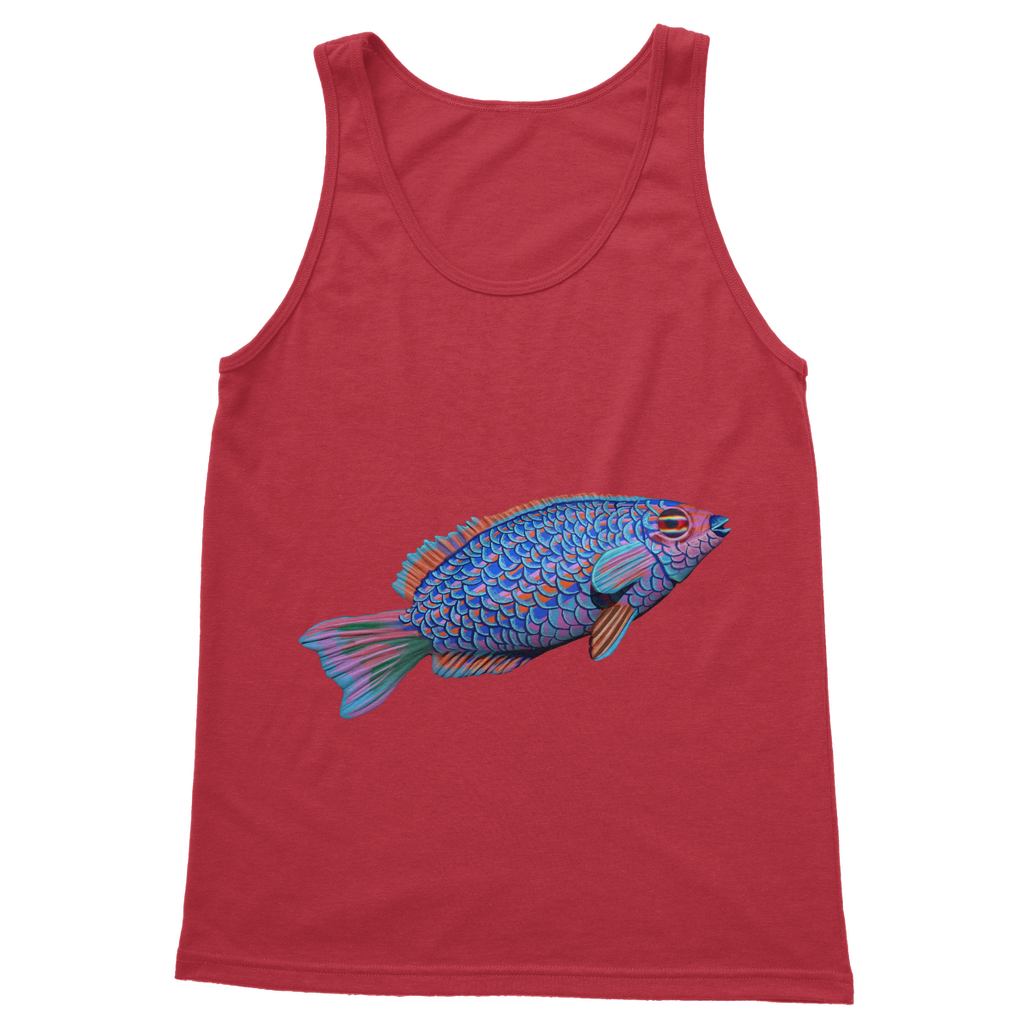 Purple and blue fish design on a classic unisex tank top, showcasing its vibrant colors and comfortable fit.