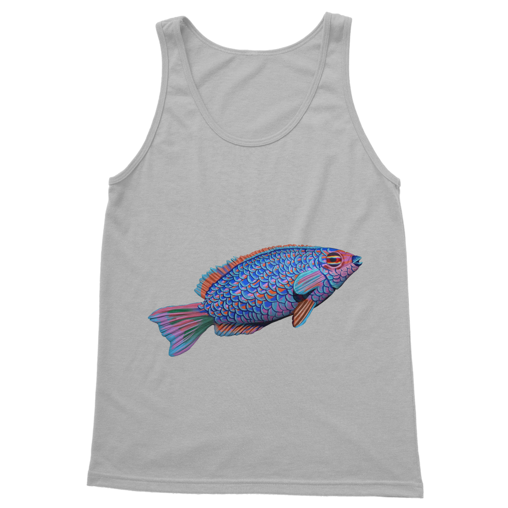 Purple and blue fish design on a classic unisex tank top, showcasing its vibrant colors and comfortable fit.