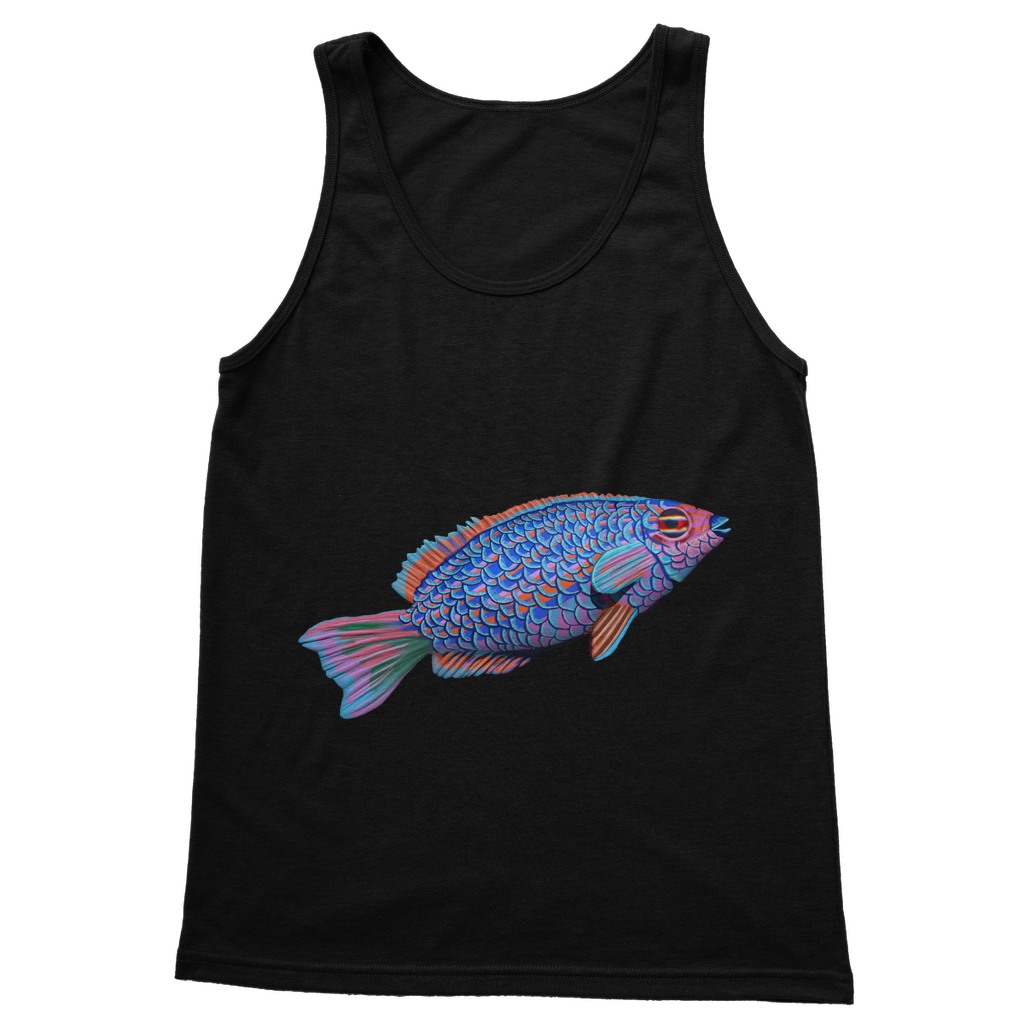 Purple and blue fish design on a classic unisex tank top, showcasing its vibrant colors and comfortable fit.