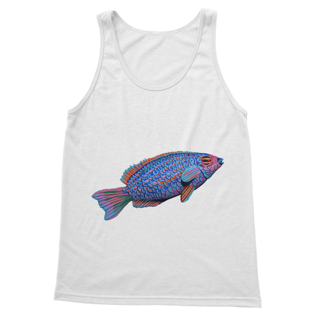 Purple and blue fish design on a classic unisex tank top, showcasing its vibrant colors and comfortable fit.