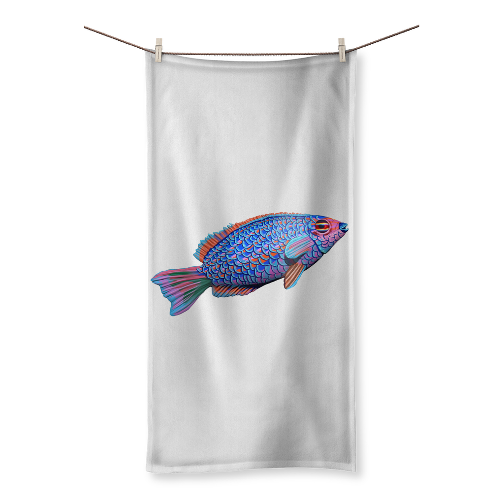 Purple and blue fish design towel with vibrant sublimation print on one side and soft cotton backing on the other.
