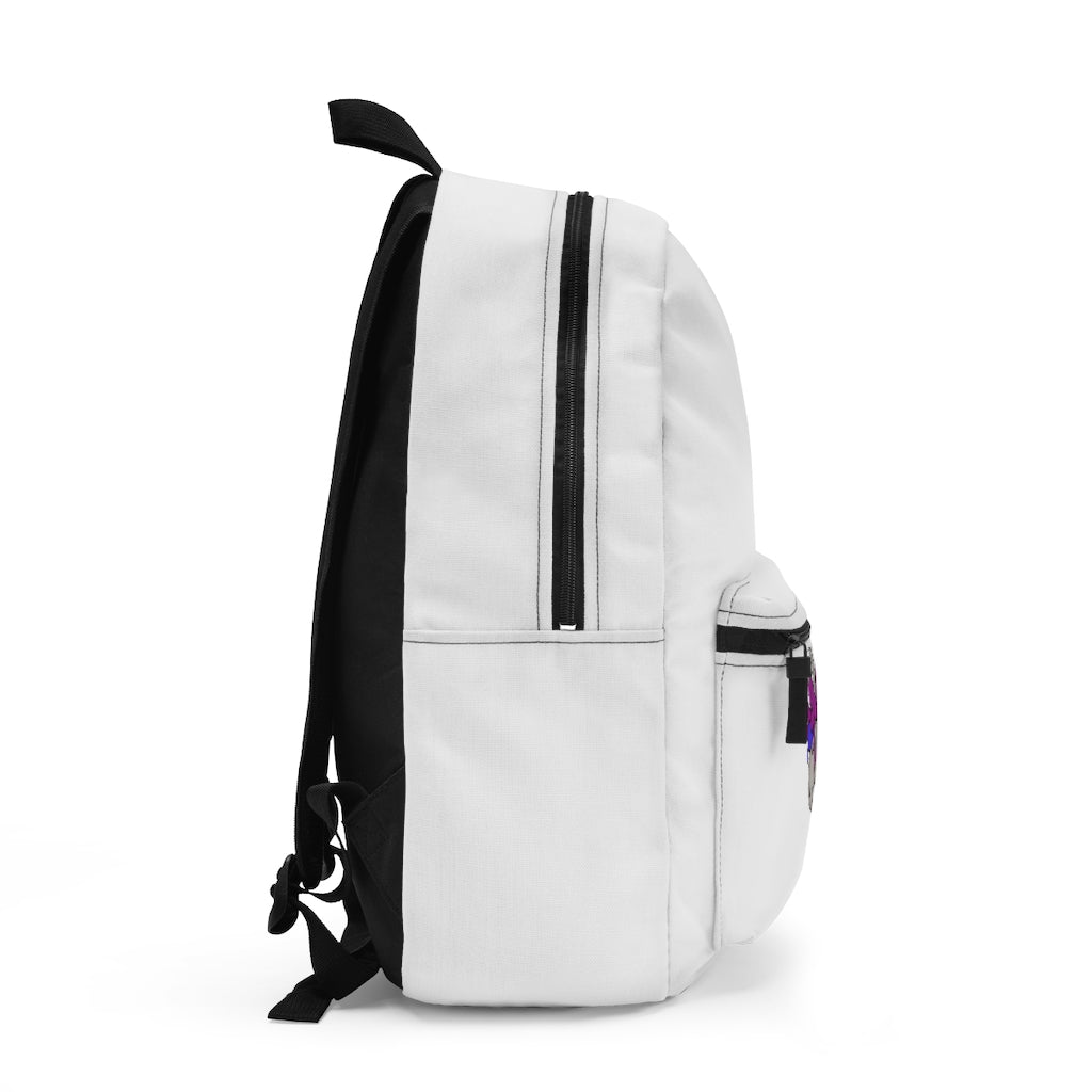 Purple Blue Unicorn Head Backpack made from durable spun polyester, featuring adjustable straps and a custom name tag.