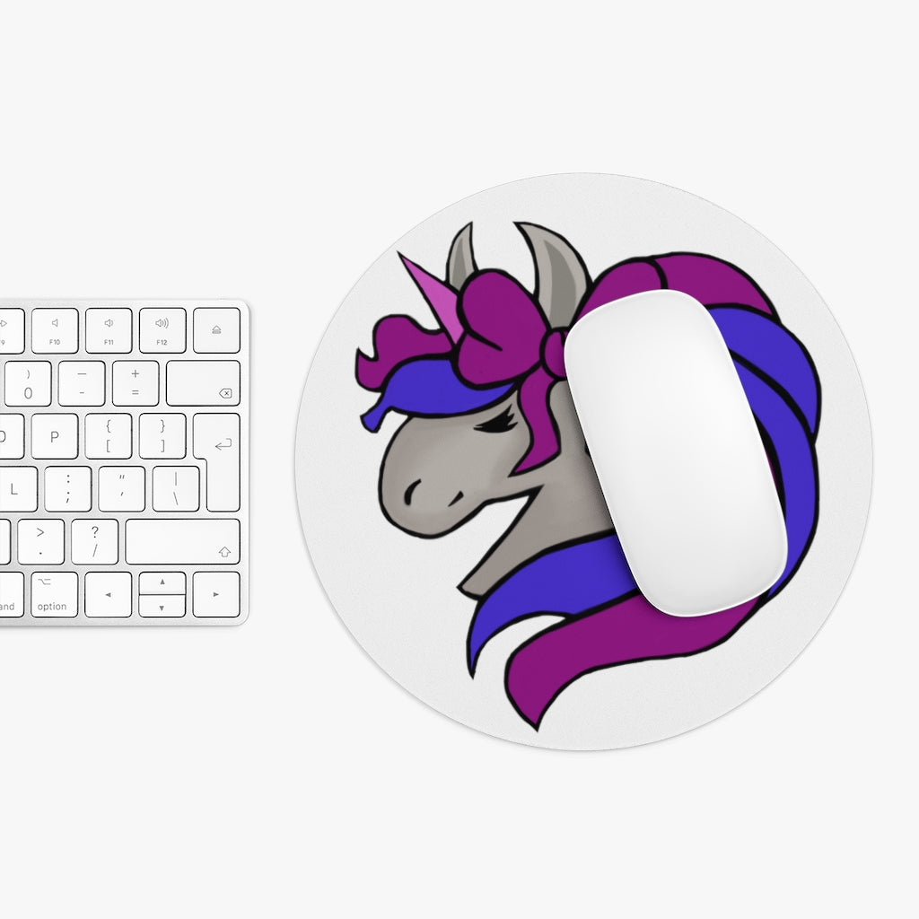 Purple Blue Unicorn Head Mouse Pad with vibrant colors and non-slip rubber base, available in round and rectangular shapes.