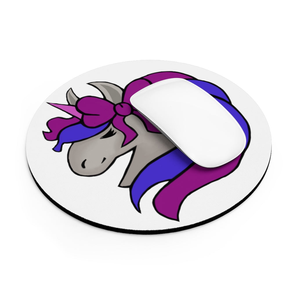 Purple Blue Unicorn Head Mouse Pad with vibrant colors and non-slip rubber base, available in round and rectangular shapes.