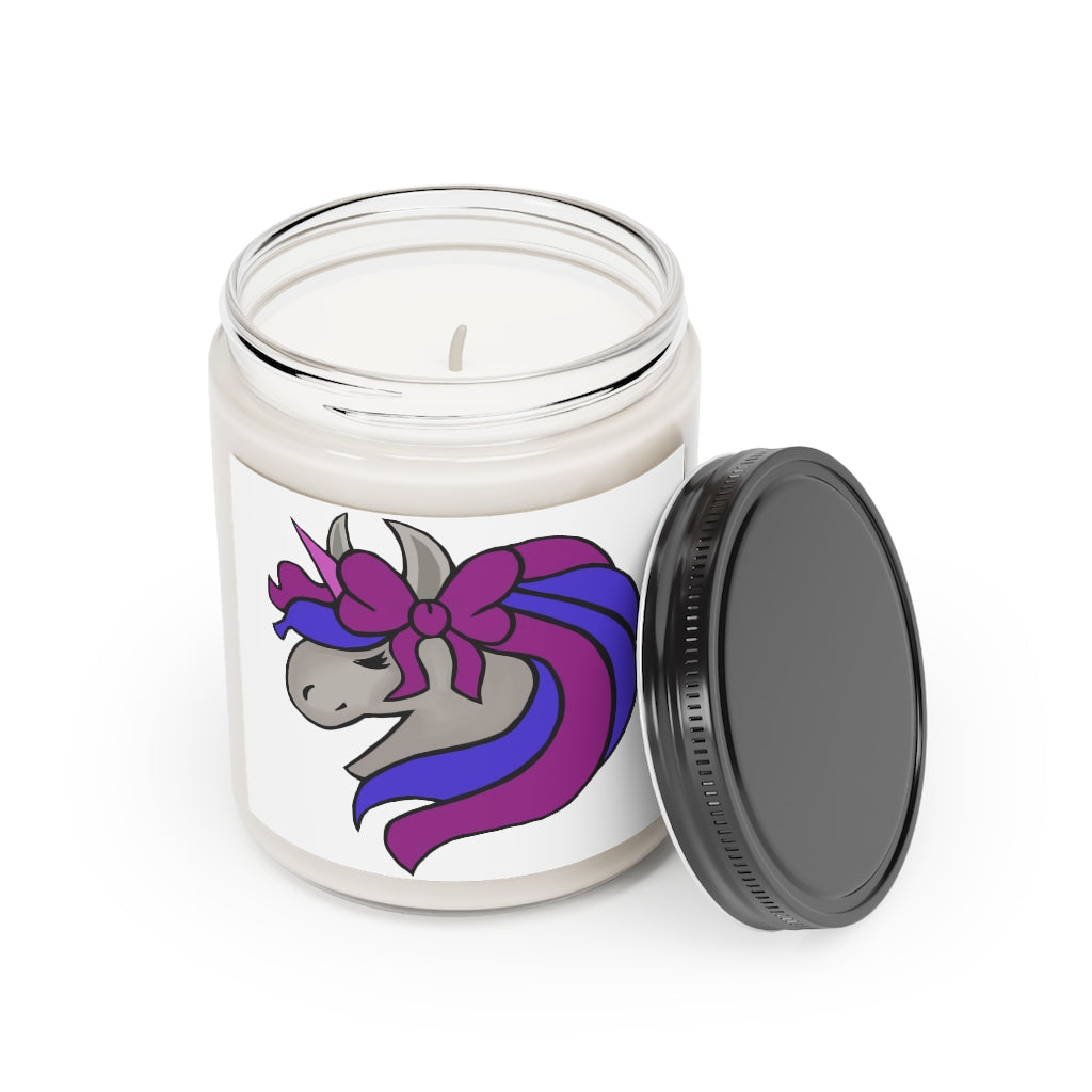Purple Blue Unicorn Head Scented Candle in a glass container, showcasing its unique design and vibrant colors.