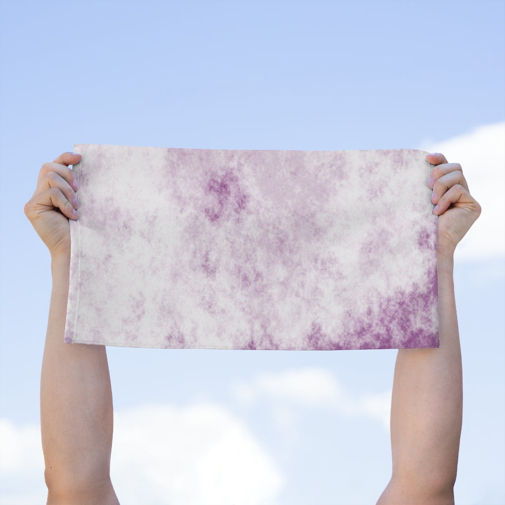 Purple Clouds Rally Towel featuring a soft polyester front and absorbent cotton backing, measuring 11x18 inches.