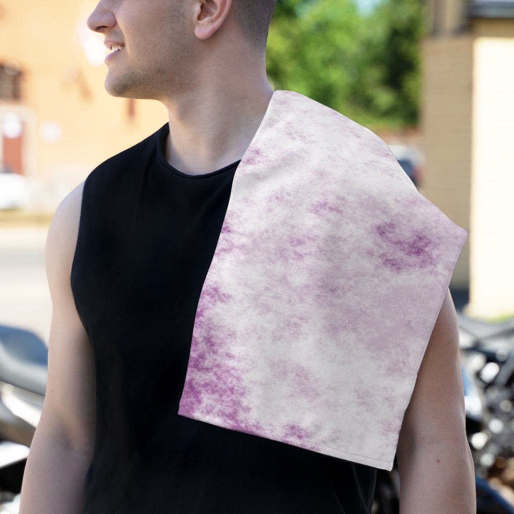 Purple Clouds Rally Towel featuring a soft polyester front and absorbent cotton backing, measuring 11x18 inches.