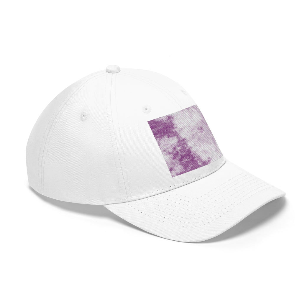 Purple Clouds Unisex Twill Hat featuring a classic 6-panel design and adjustable Velcro closure, made from 100% cotton twill.