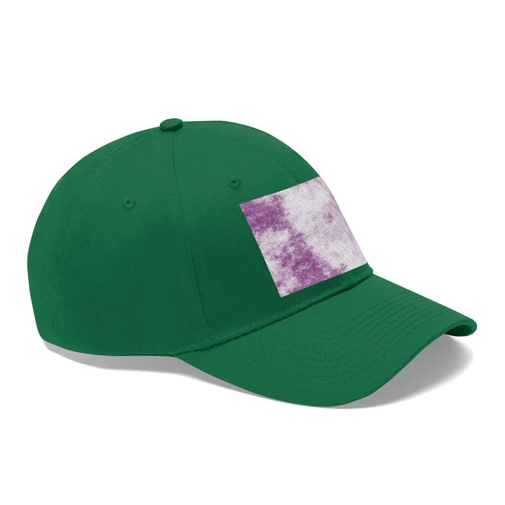 Purple Clouds Unisex Twill Hat featuring a classic 6-panel design and adjustable Velcro closure, made from 100% cotton twill.