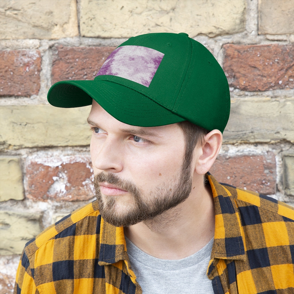 Purple Clouds Unisex Twill Hat featuring a classic 6-panel design and adjustable Velcro closure, made from 100% cotton twill.
