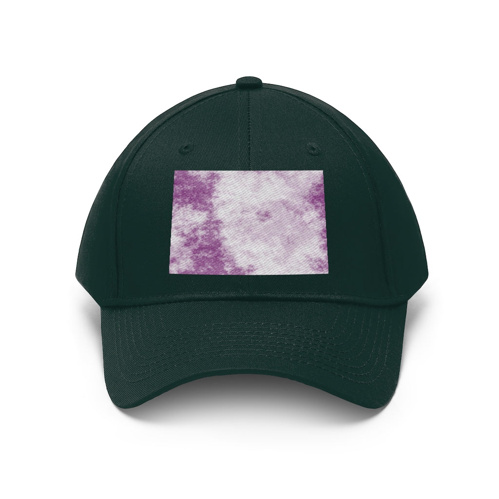 Purple Clouds Unisex Twill Hat featuring a classic 6-panel design and adjustable Velcro closure, made from 100% cotton twill.