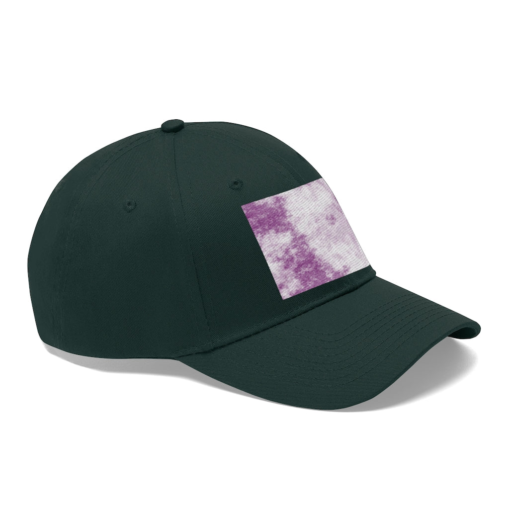 Purple Clouds Unisex Twill Hat featuring a classic 6-panel design and adjustable Velcro closure, made from 100% cotton twill.