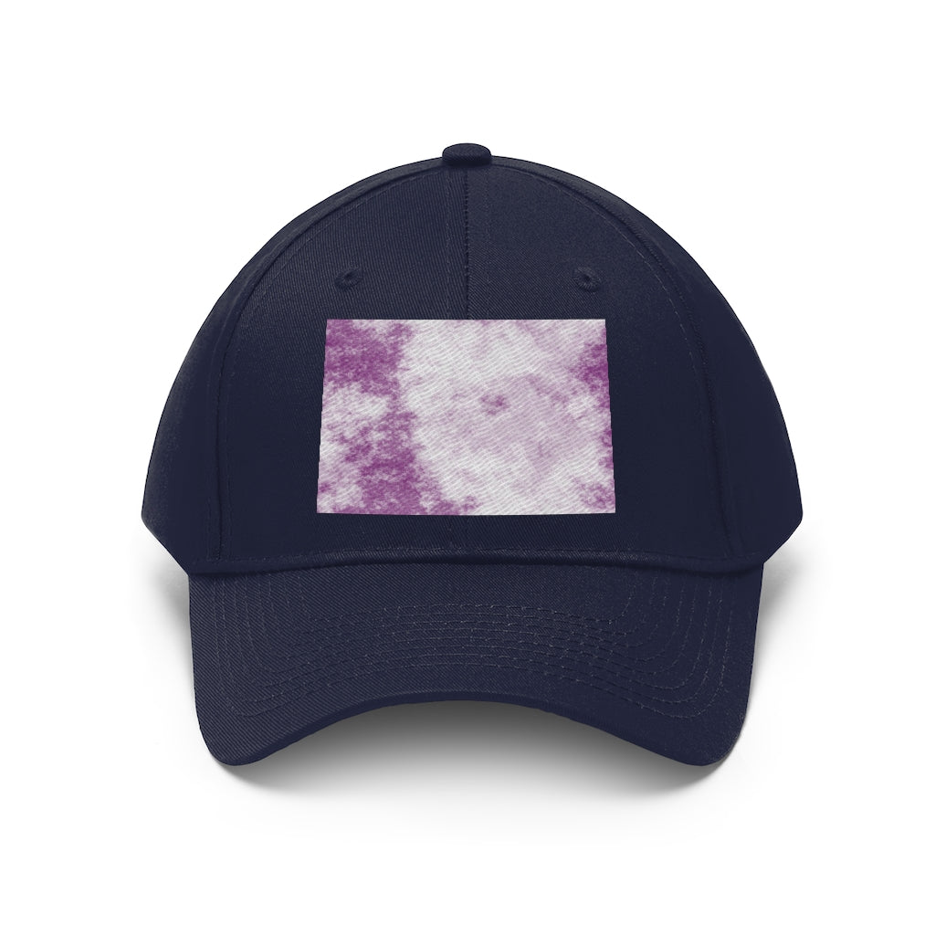 Purple Clouds Unisex Twill Hat featuring a classic 6-panel design and adjustable Velcro closure, made from 100% cotton twill.