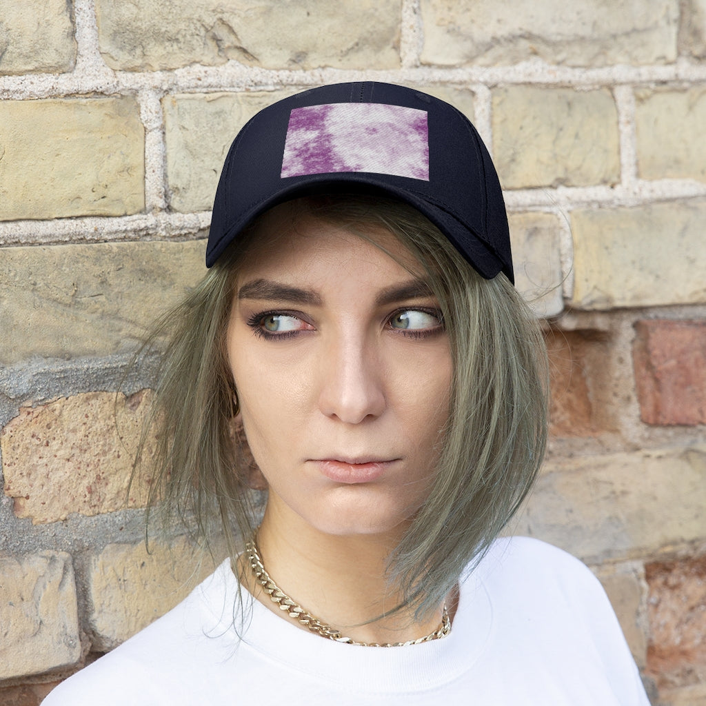 Purple Clouds Unisex Twill Hat featuring a classic 6-panel design and adjustable Velcro closure, made from 100% cotton twill.
