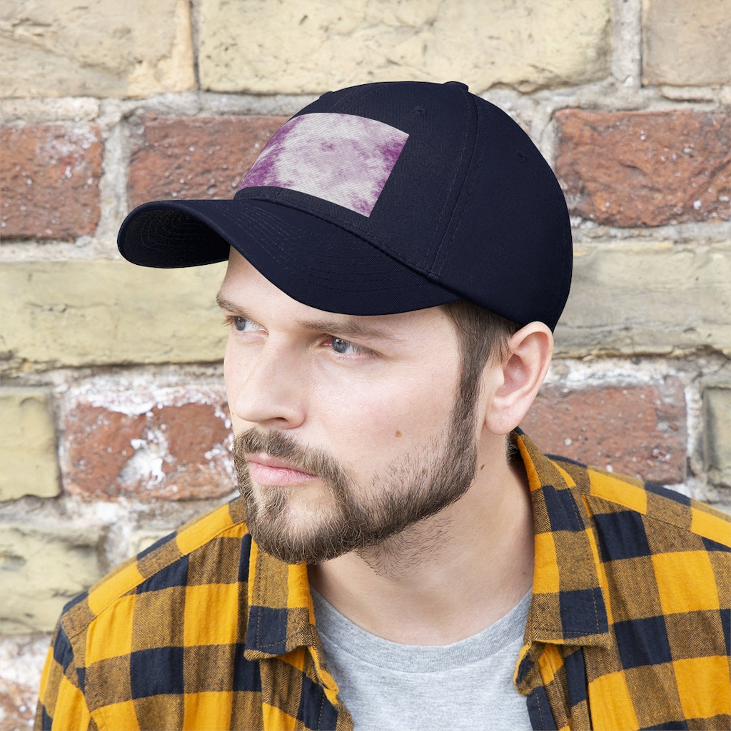 Purple Clouds Unisex Twill Hat featuring a classic 6-panel design and adjustable Velcro closure, made from 100% cotton twill.
