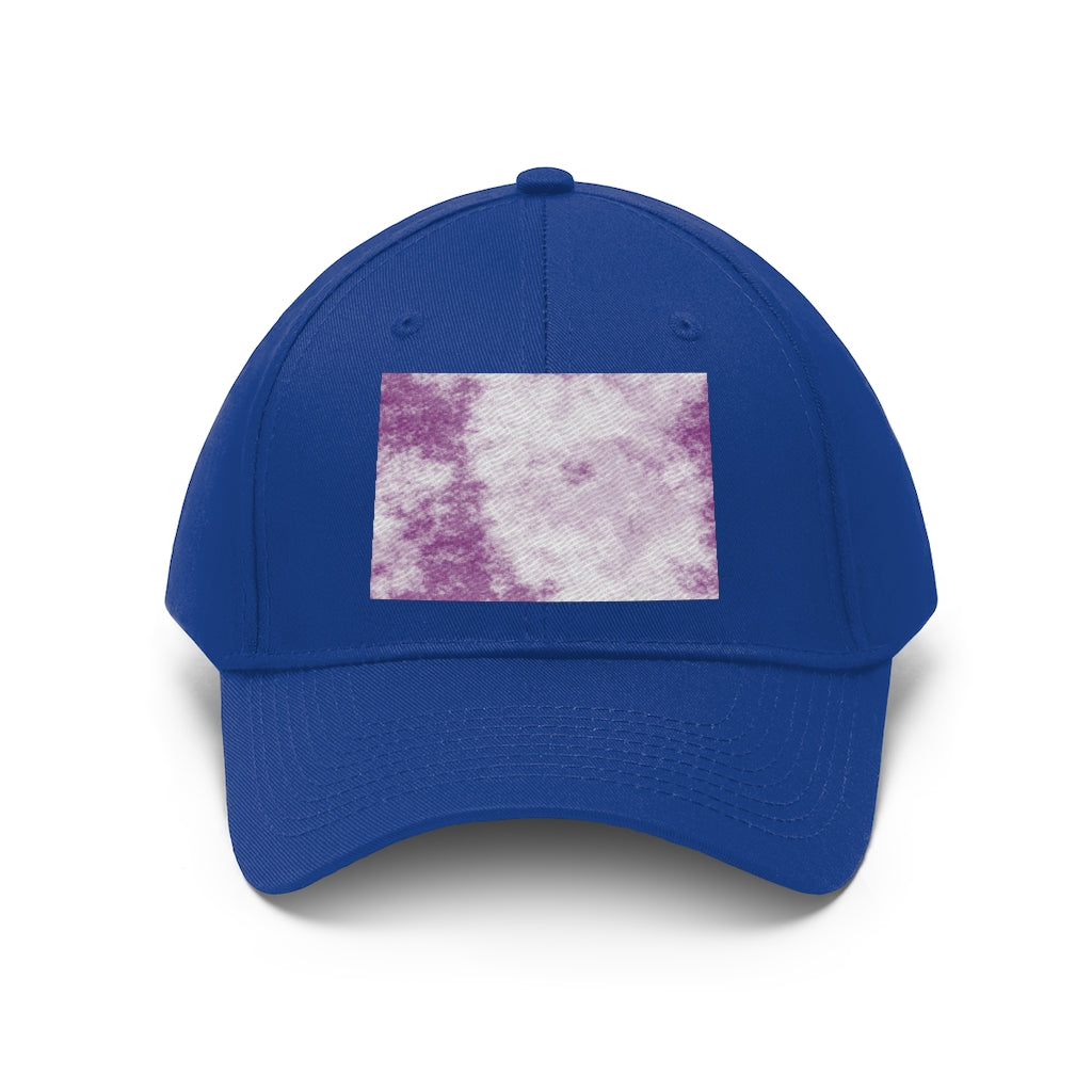 Purple Clouds Unisex Twill Hat featuring a classic 6-panel design and adjustable Velcro closure, made from 100% cotton twill.