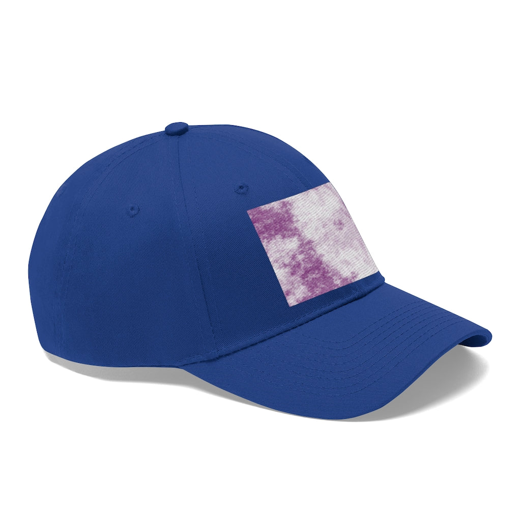 Purple Clouds Unisex Twill Hat featuring a classic 6-panel design and adjustable Velcro closure, made from 100% cotton twill.