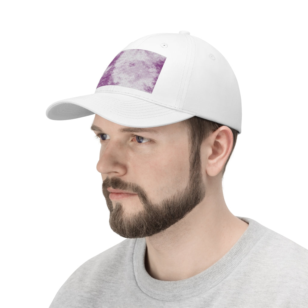 Purple Clouds Unisex Twill Hat featuring a classic 6-panel design and adjustable Velcro closure, made from 100% cotton twill.