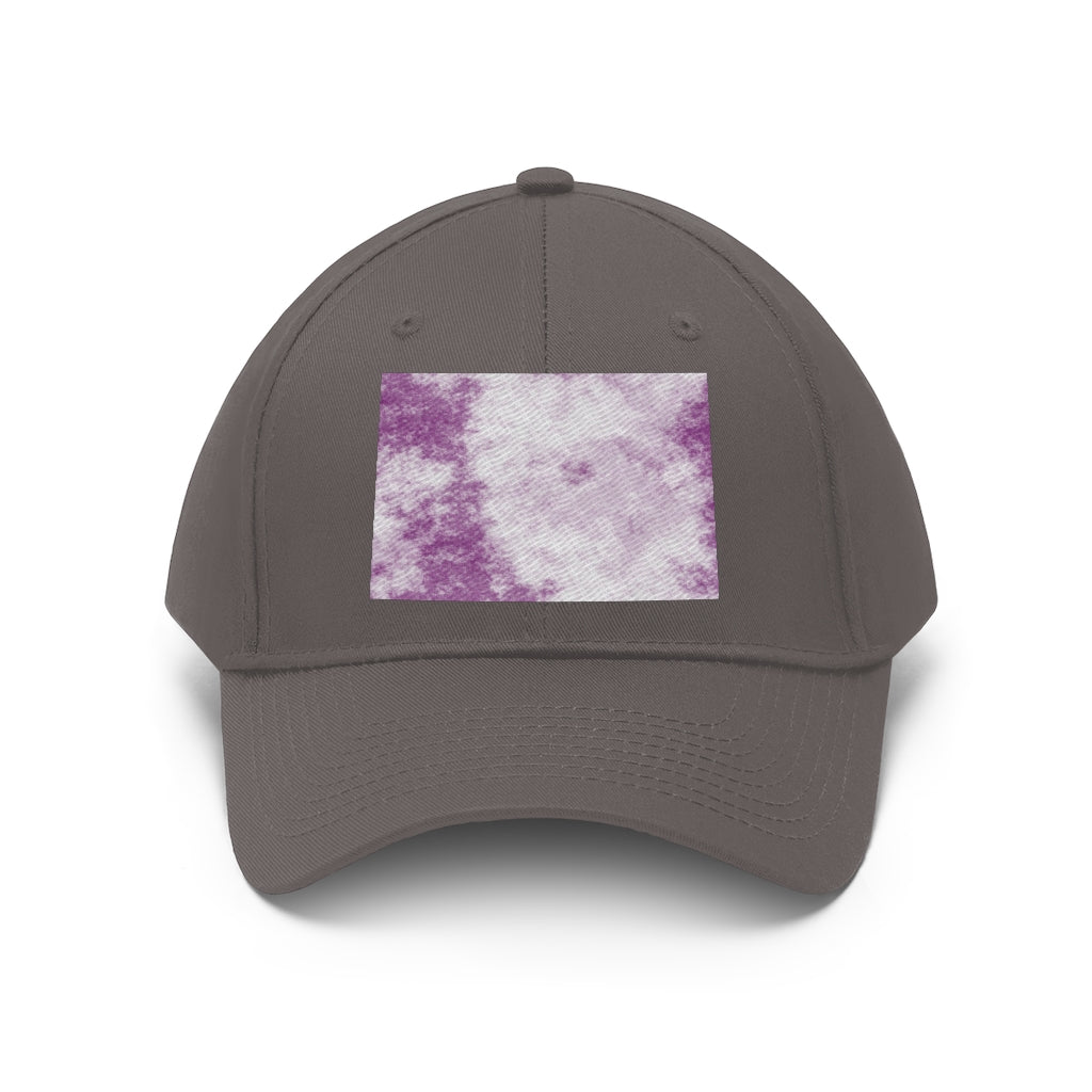 Purple Clouds Unisex Twill Hat featuring a classic 6-panel design and adjustable Velcro closure, made from 100% cotton twill.