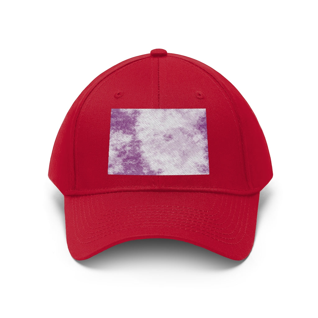 Purple Clouds Unisex Twill Hat featuring a classic 6-panel design and adjustable Velcro closure, made from 100% cotton twill.