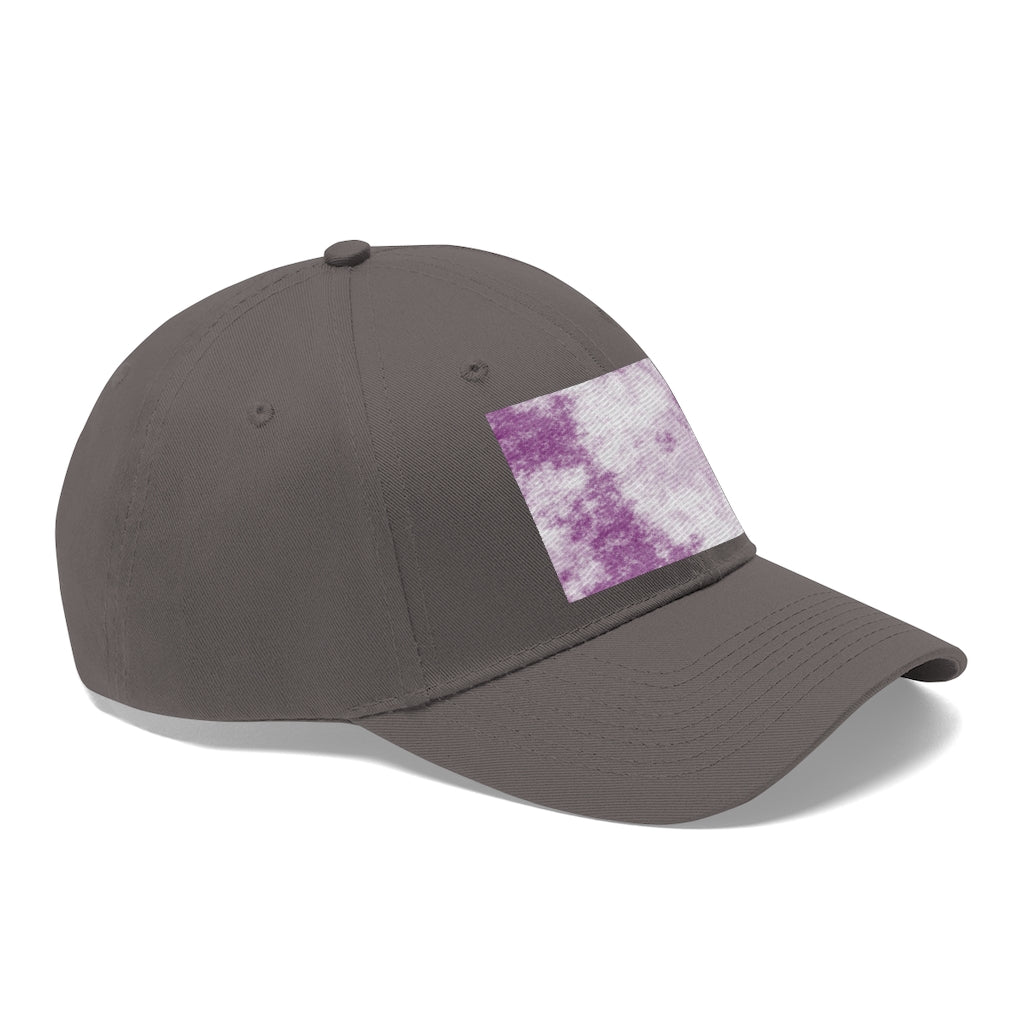 Purple Clouds Unisex Twill Hat featuring a classic 6-panel design and adjustable Velcro closure, made from 100% cotton twill.