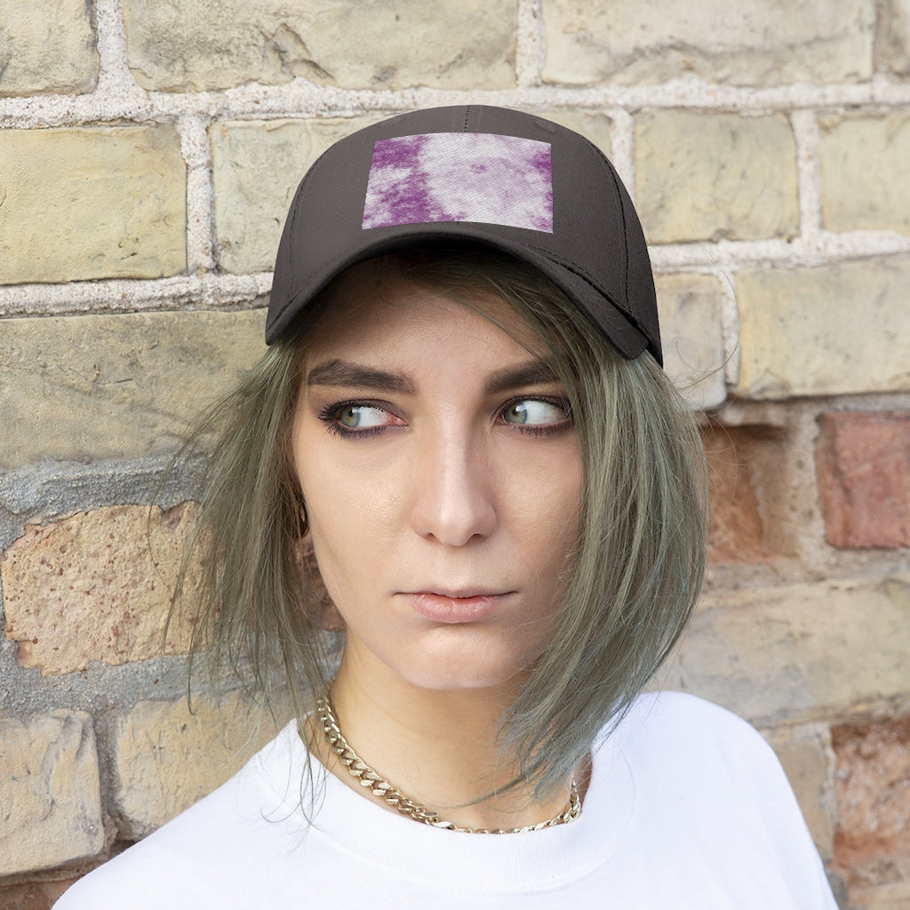 Purple Clouds Unisex Twill Hat featuring a classic 6-panel design and adjustable Velcro closure, made from 100% cotton twill.