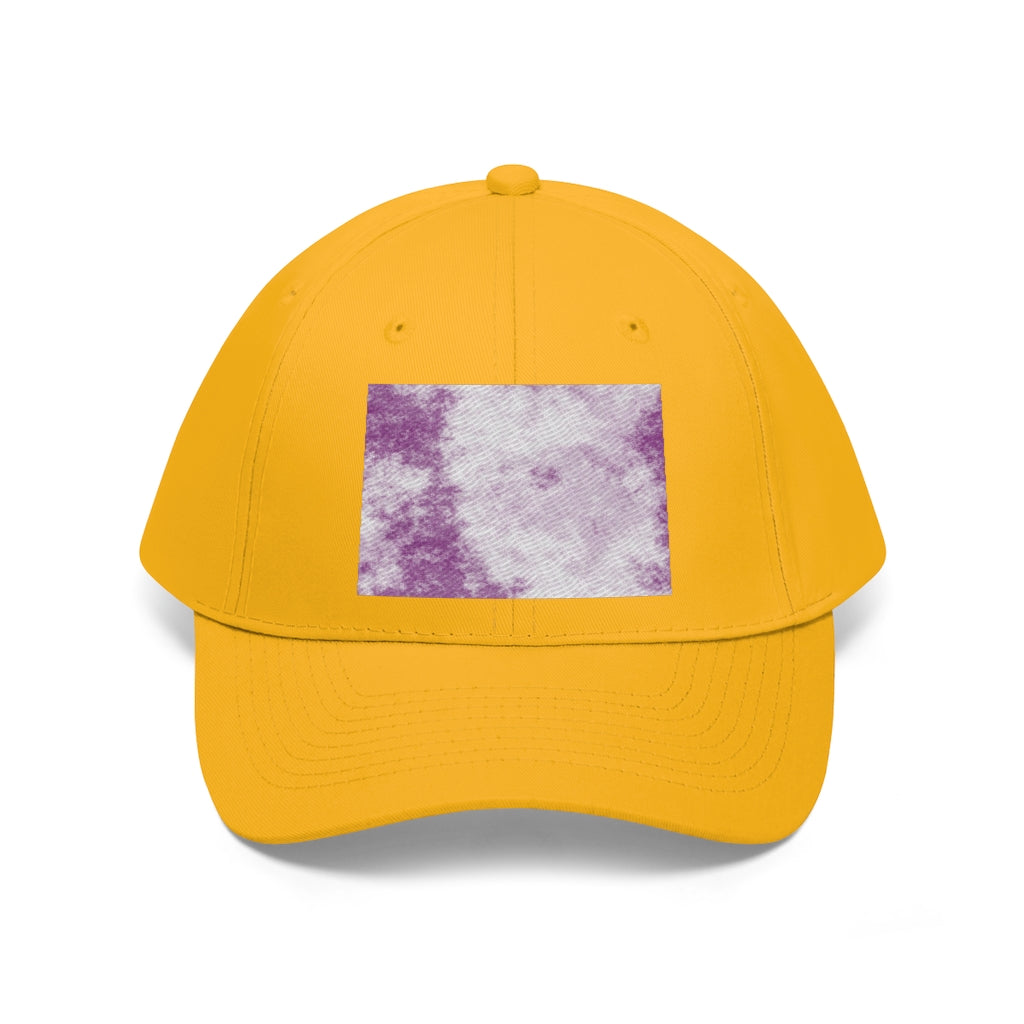 Purple Clouds Unisex Twill Hat featuring a classic 6-panel design and adjustable Velcro closure, made from 100% cotton twill.