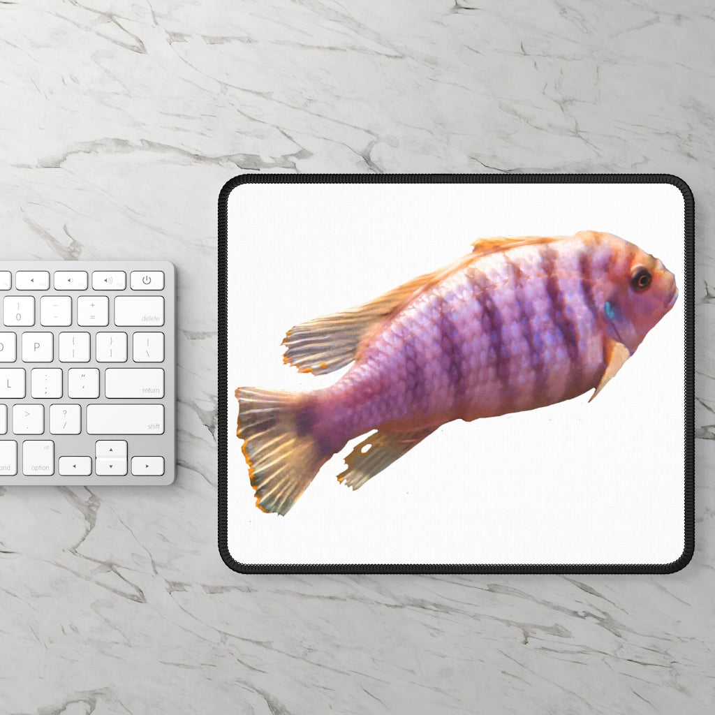 Purple Fish Gaming Mouse Pad featuring vibrant colors and stitched edges, ideal for gaming and office use.