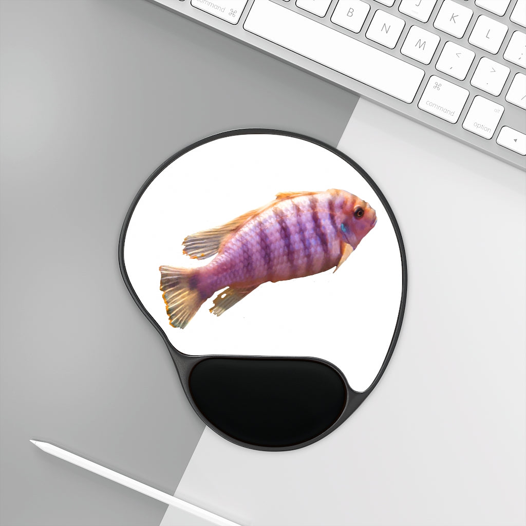 Purple Fish Mouse Pad with ergonomic Memory Foam wrist rest and custom neoprene insert, featuring a foot-shaped black plastic base.