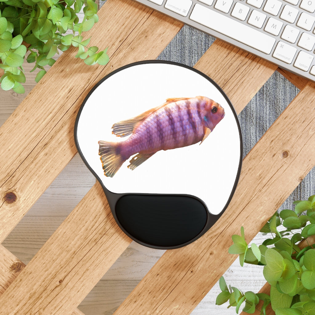 Purple Fish Mouse Pad with ergonomic Memory Foam wrist rest and custom neoprene insert, featuring a foot-shaped black plastic base.