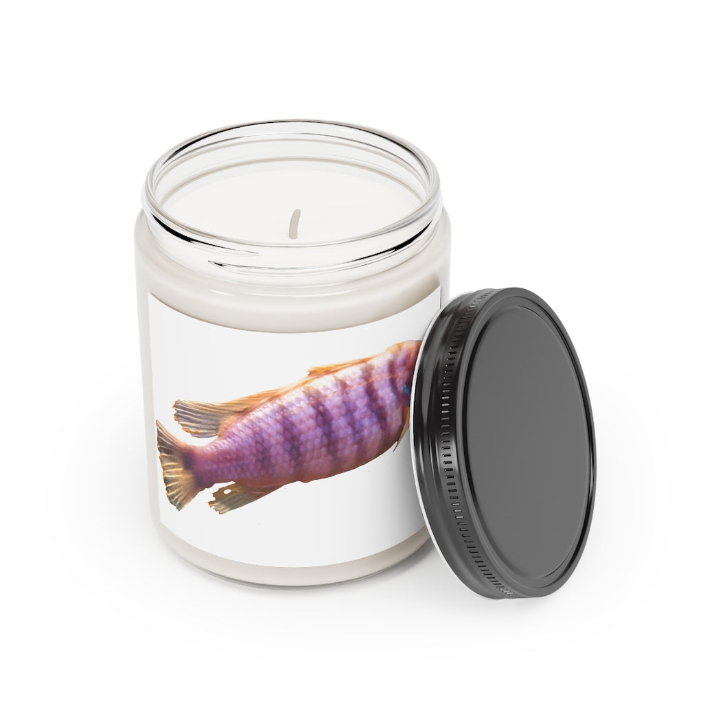Purple Fish Scented Candle in a glass container, showcasing its vibrant color and elegant design, perfect for aromatherapy.