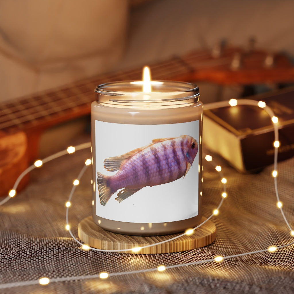 Purple Fish Scented Candle in a glass container, showcasing its vibrant color and elegant design, perfect for aromatherapy.