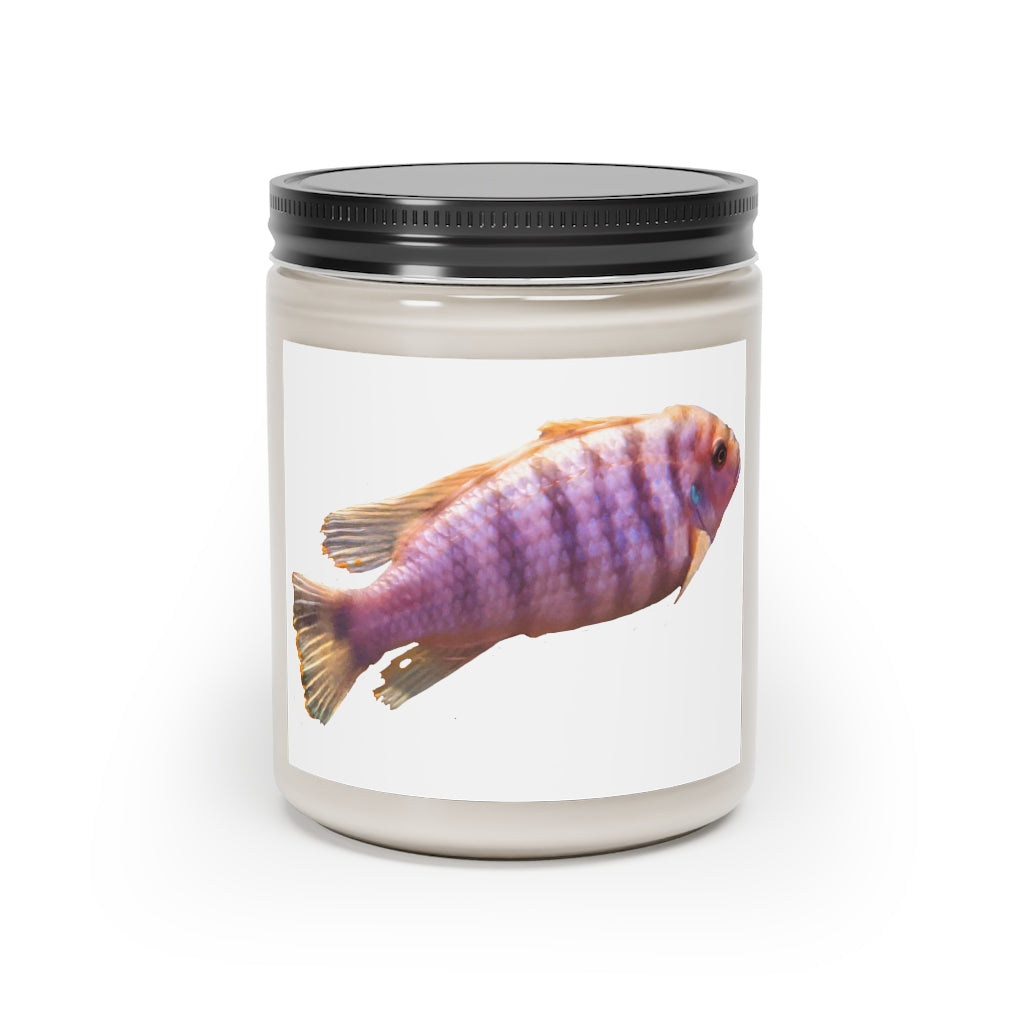 Purple Fish Scented Candle in a glass container, showcasing its vibrant color and elegant design, perfect for aromatherapy.