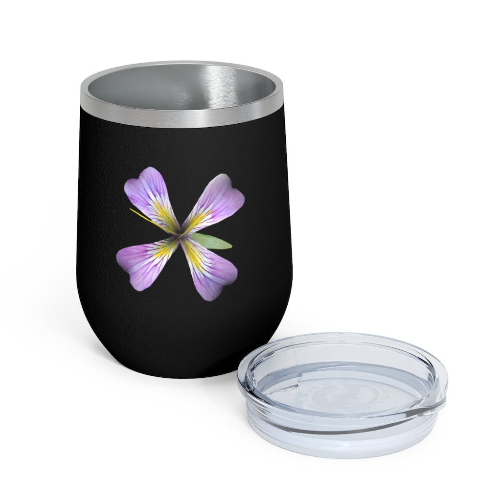 Purple Flower 12oz Insulated Wine Tumbler with clear lid, showcasing a vibrant floral design.