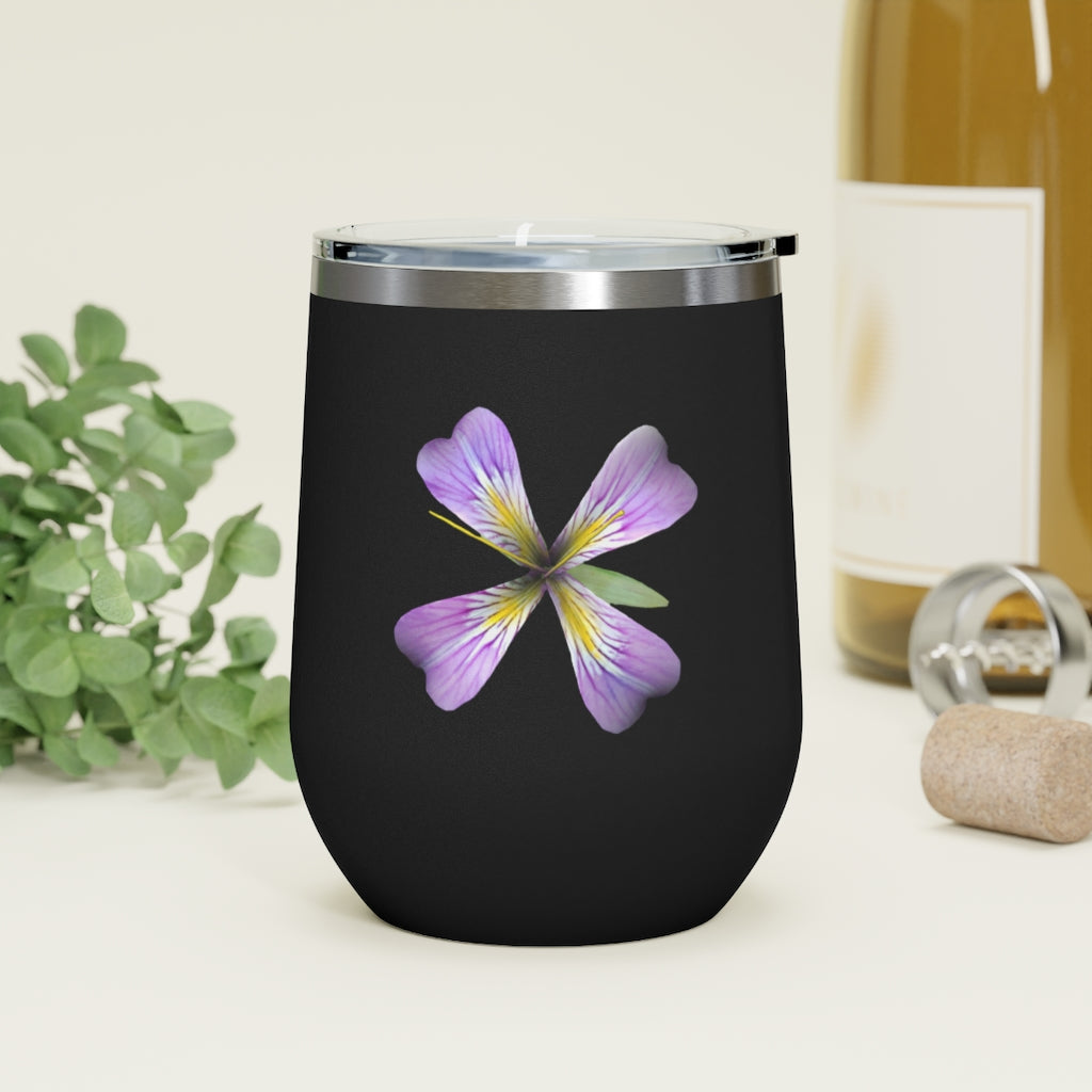 Purple Flower 12oz Insulated Wine Tumbler with clear lid, showcasing a vibrant floral design.
