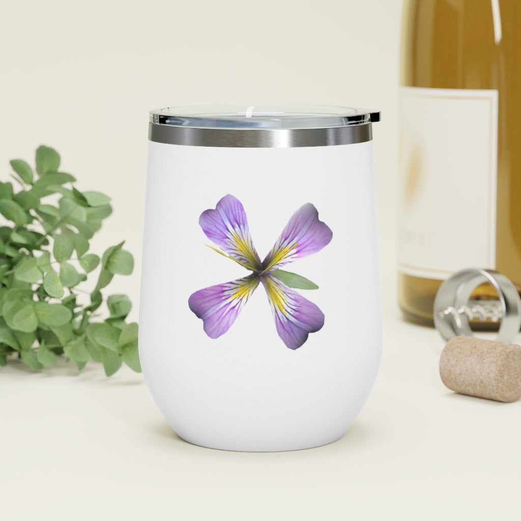Purple Flower 12oz Insulated Wine Tumbler with clear lid, showcasing a vibrant floral design.