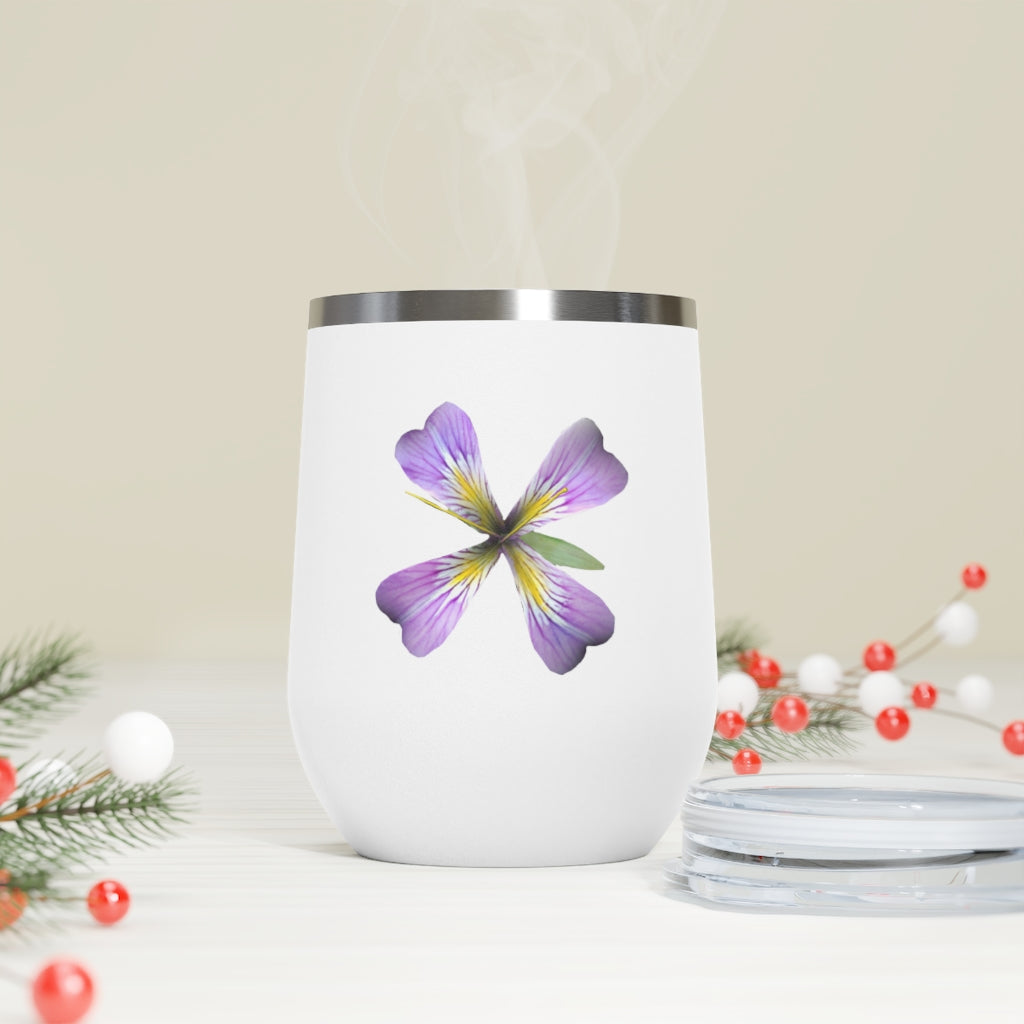 Purple Flower 12oz Insulated Wine Tumbler with clear lid, showcasing a vibrant floral design.