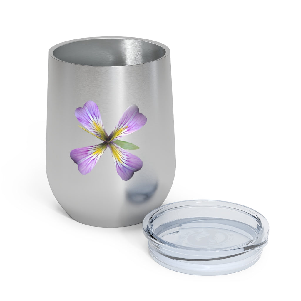 Purple Flower 12oz Insulated Wine Tumbler with clear lid, showcasing a vibrant floral design.