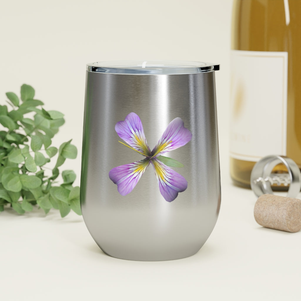 Purple Flower 12oz Insulated Wine Tumbler with clear lid, showcasing a vibrant floral design.
