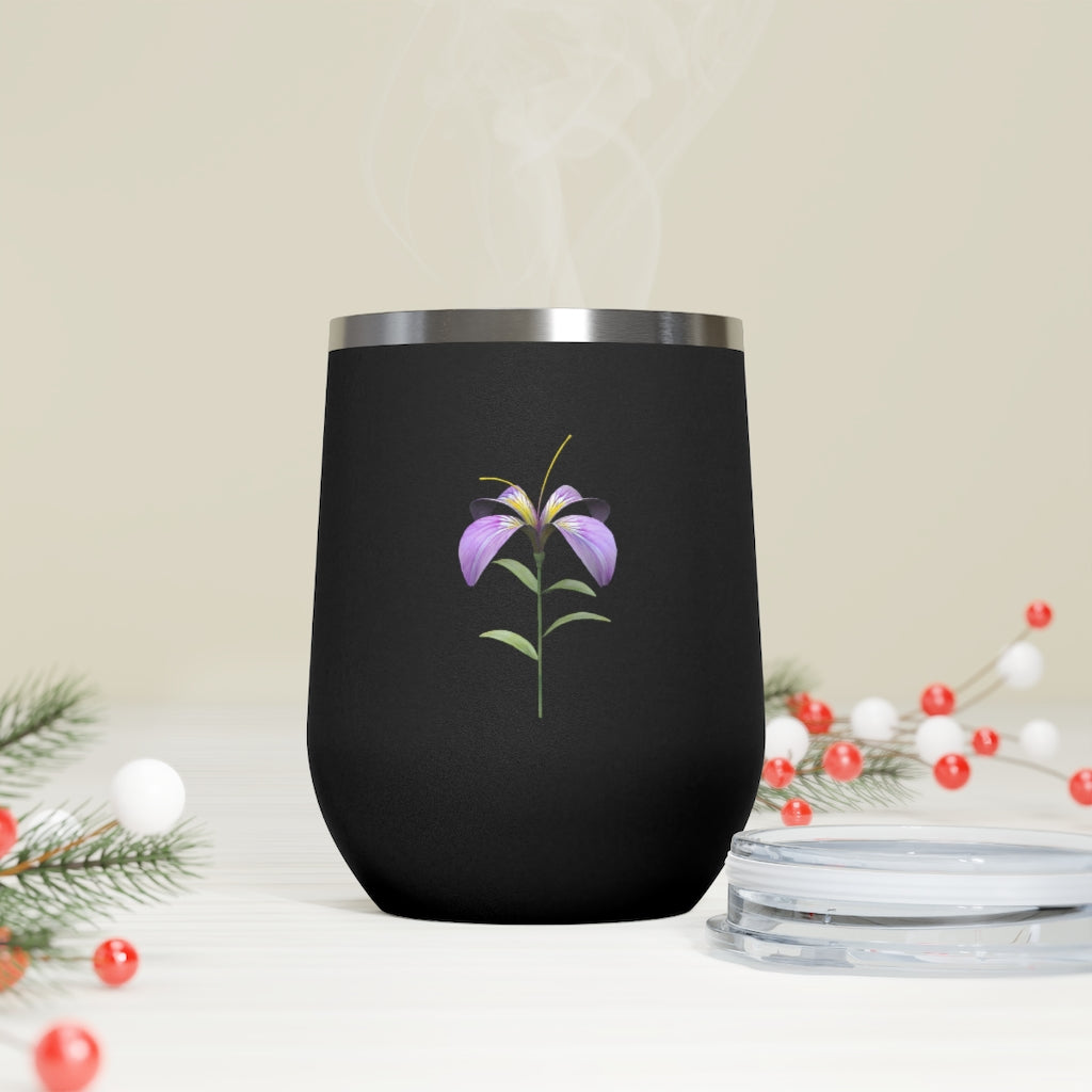 Purple Flower 12oz Insulated Wine Tumbler with clear lid, showcasing vibrant floral design and stainless steel body.