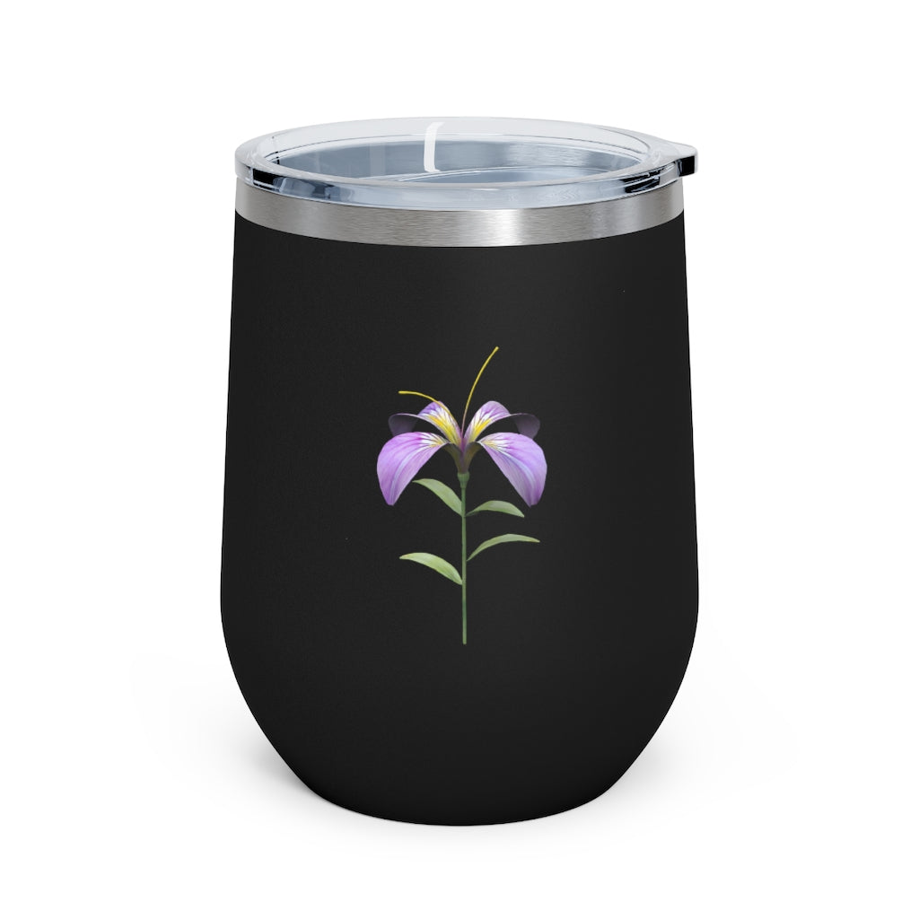 Purple Flower 12oz Insulated Wine Tumbler with clear lid, showcasing vibrant floral design and stainless steel body.